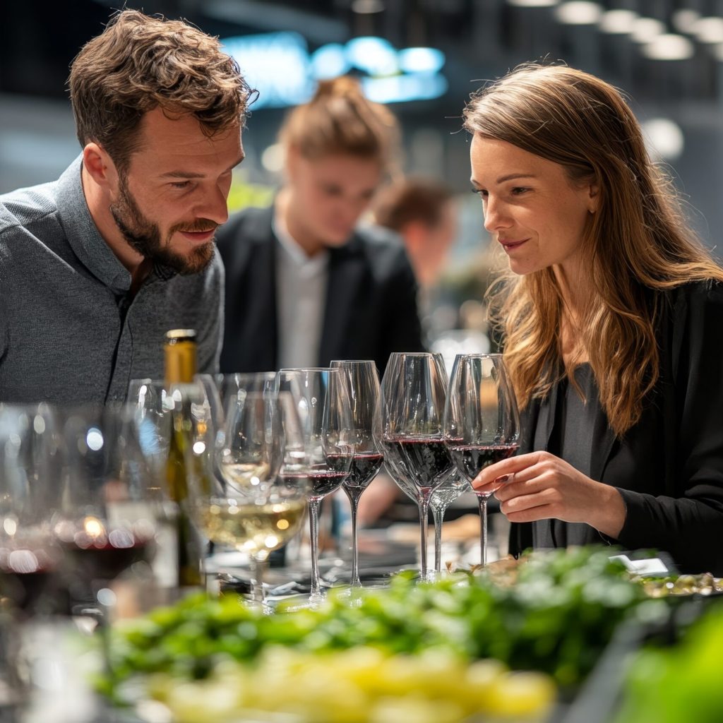Couple tasting wine at food market