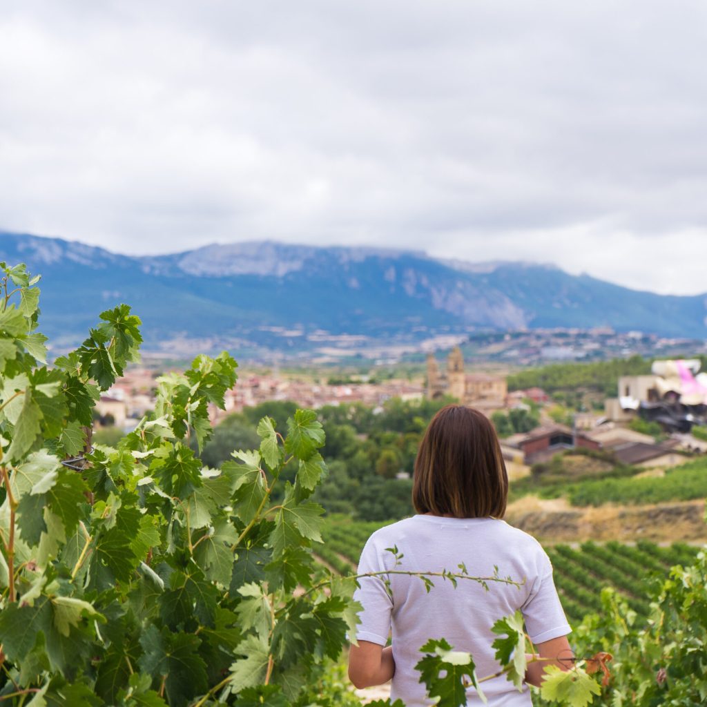 mujer mirando paisaje de viñedos en elciego ,rioja alabeas
